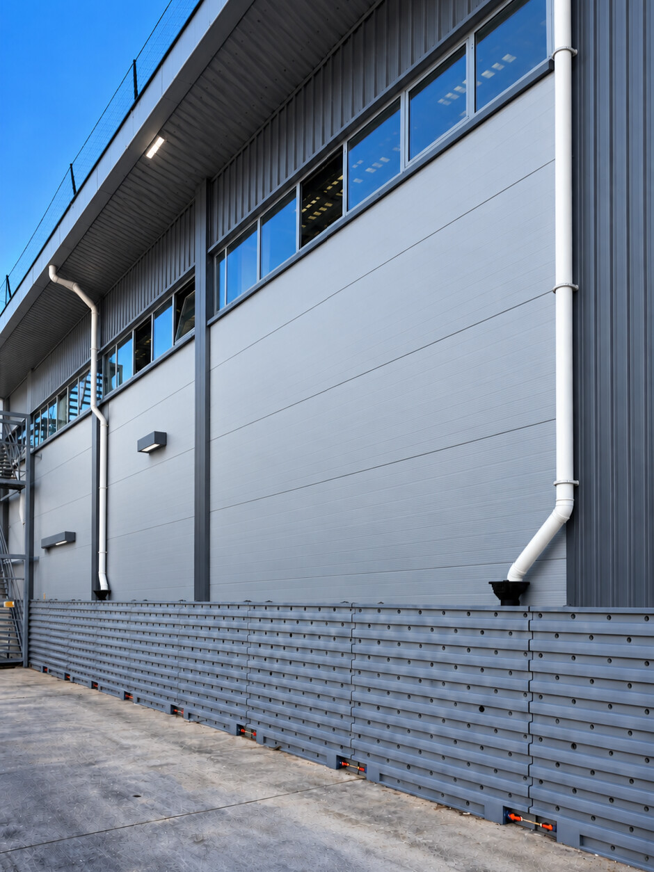 Módulos Rainwater Wall instalados verticalmente en un establecimiento industrial
